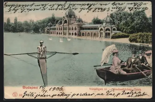 AK Budapest, Stadtwäldchen-Teich mit Booten