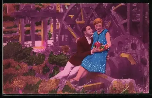 Foto-AK Leo, Paris Nr. 1612: Junges Paar vor einem Wasserrad