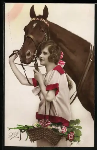 Foto-AK Leo, Paris Nr. 314: Junge Frau mit Pferd und Blumenkorb