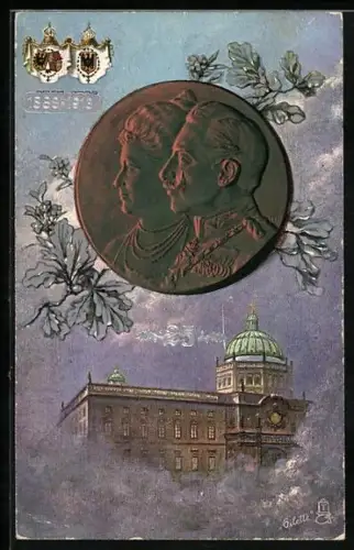 Künstler-AK Berlin, 25 jähriges Regierungsjubiläum Kaiser Wilhelm II. 1888-1913, Blick zum Schloss, Wappen