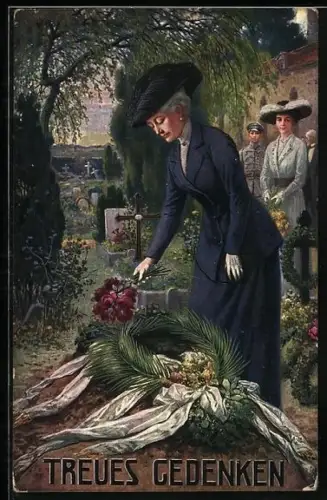 AK Treues Gedenken, Kaiserin Auguste Victoria von Preussen lebt Blumen an einem Grab nieder