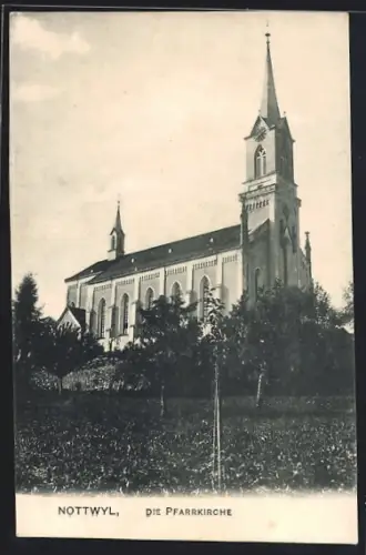 AK Nottwil, Pfarrkirche mit Bäumen