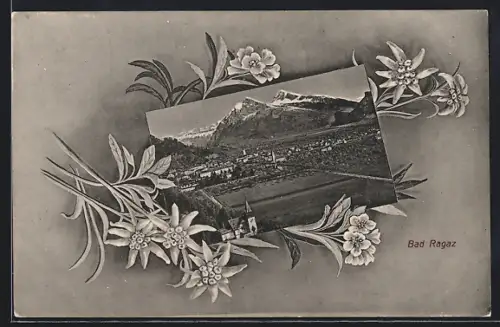 AK Bad Ragaz, Teilansicht mit Bergen, Edelweiss, Passepartout