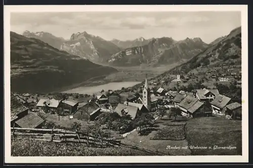 AK Amden, Ortsansicht mit Walensee und Glarneralpen