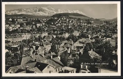 AK St. Gallen, Blick über die Dächer mit Bergen