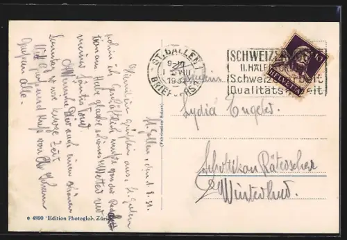 AK St. Gallen, Blick über die Dächer mit Bergen