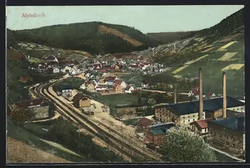 AK Alpirsbach, Ortsansicht mit Fabrik und Bahnlinie