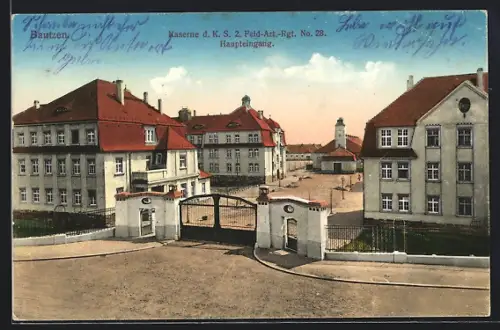 AK Bautzen, Kaserne d. K. S. 2. Feld-Art.-Rgt. No. 28, Haupteingang