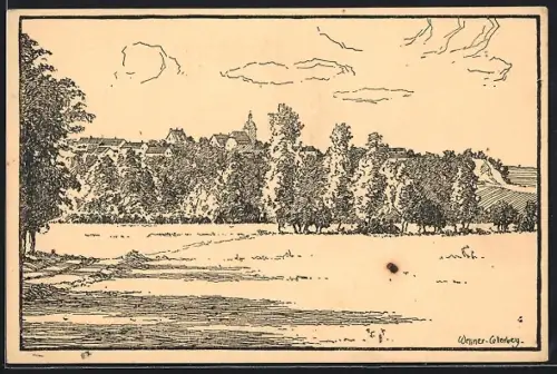 Künstler-AK Röglitz, Ortsansicht mit Bäumen und Gebäuden