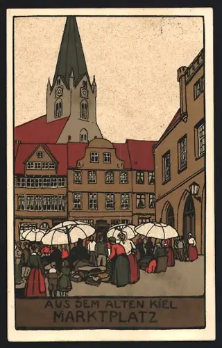 AK Kiel, Marktplatz, Kirche, Marktgeschehen