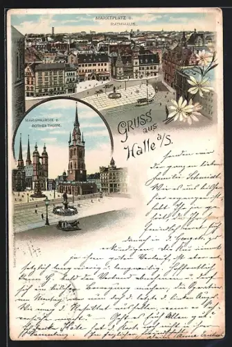 Lithographie Halle a. S., Marktplatz, Rathaus, Marienkirche, Roter Turm