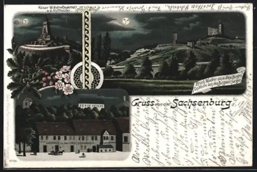 Lithographie Sachsenburg / Heldrungen, Kaiser Wilhelm-Denkmal, Gasthof zu den drei Schwänen, Burgen