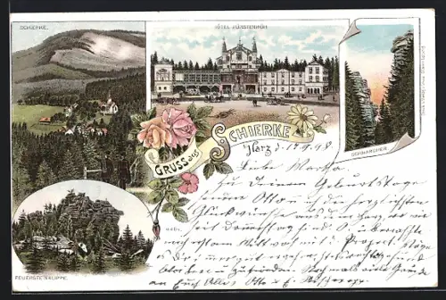Lithographie Schierke, Hotel Fürstenhöh, Gesamtübersicht, Feuersteinklippe, Schnarcher