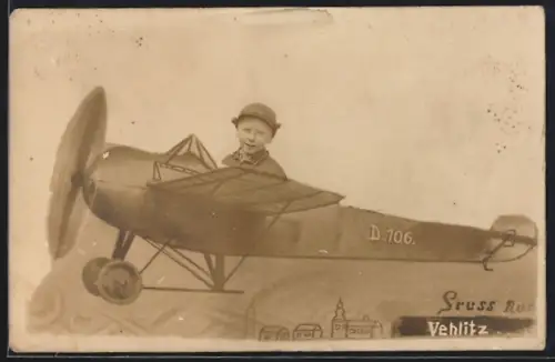 AK Vehlitz, Kleiner Junge in Flugzeug, Fotomontage