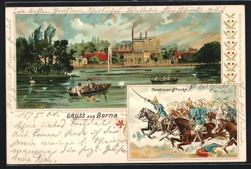 Lithographie Borna / Sa., Kriegerdenkmal, König Albert-Denkmal, Teichpartie mit Blick zum Ort