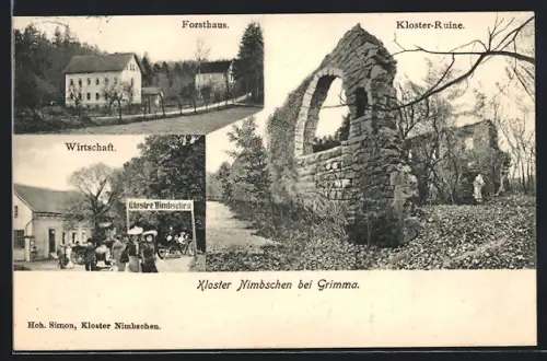 AK Grimma, Gasthaus Kloster Nimbschen, Forsthaus, Kloster-Ruine