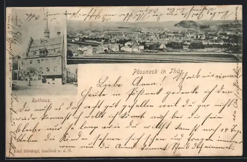 AK Pössneck i. Thür., Gesamtpanorama und Rathaus