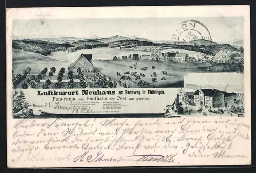 Künstler-AK Neuhaus / Rennweg, Gasthaus zur Post, Panorama mit Kühen