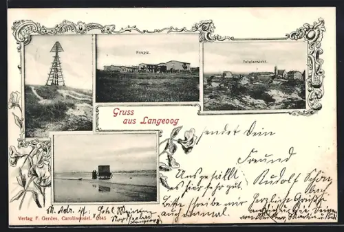 AK Langeoog, Totalansicht, Hospiz, Strand mit Badewagen, Seezeichen