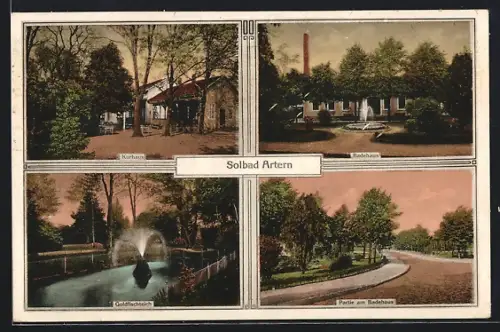 AK Artern, Kurhaus, Badehaus, Goldfischteich und Partie am Badehaus