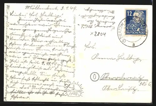 AK Grabow /Meckl., Hafen mit Lastkähnen und Kirche im Hintergrund