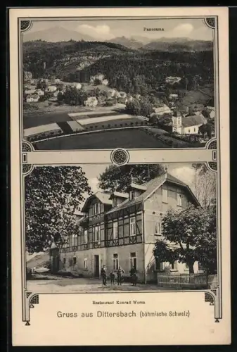AK Dittersbach / Jetrichovice, Partie am Restaurant Konrad Worm, Panoramaansicht