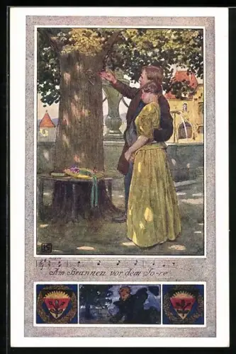 Künstler-AK Karl Friedrich Gsur: Deutscher Schulverein NR 375: Liebespaar ritzt Herz in Baum