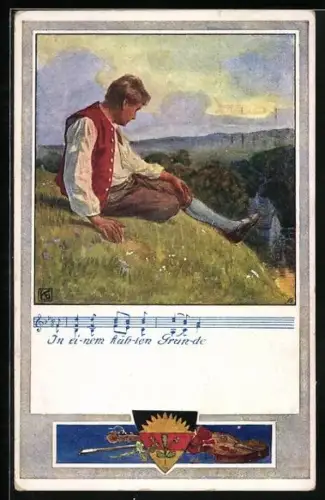 Künstler-AK Karl Friedrich Gsur, Deutscher Schulverein Nr. 371: Mann sitzt allein auf einer Wiese