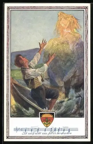 AK Deutscher Schulverein NR 373: Loreley, Kahn eines Mannes zerbricht am Felsen