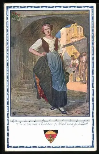 Künstler-AK Karl Friedrich Gsur, Deutscher Schulverein Nr. 372: Frau vor einem kleinen Bogen