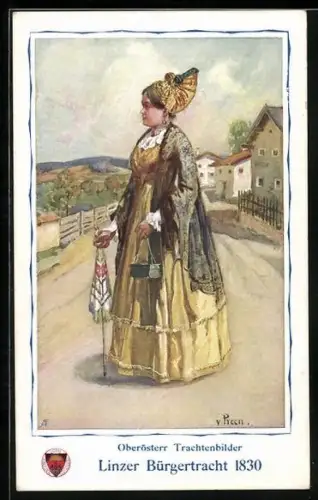 Künstler-AK Oberösterr. Trachtenbilder, Linzer Bürgertracht 1930
