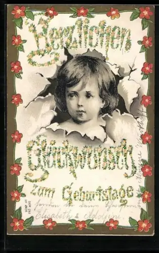 AK Geburtstagsgruss, kleines Kind schaut durch Riss in der Karte, Blumenverzierung