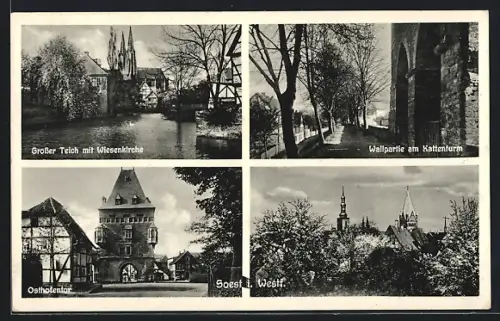 AK Soest i. Westf., Wallpartie mit Kattenturm, Grosser Teich mit Wiesenkirche, Osthofentor