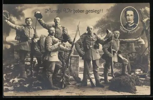 AK Soldaten posieren auf dem Schlachtfeld, Kronprinz Wilhelm von Preussen im Portrait