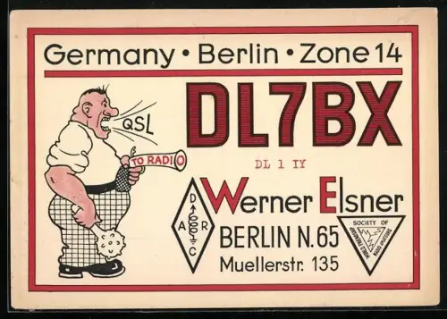 AK Berlin, Zone 14, DL7BX, QSL to radio, DARC, Werner Elsner, Muellerstr. 135