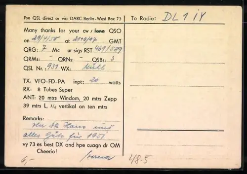 AK Berlin, Zone 14, DL7BX, QSL to radio, DARC, Werner Elsner, Muellerstr. 135