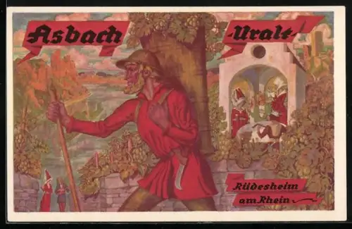 AK Rüdesheim am Rhein, Reklame für Asbach-Uralt, Winzer