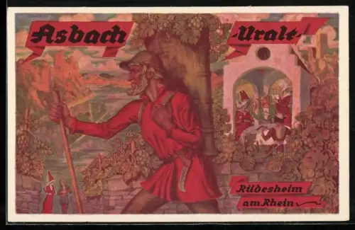 AK Rüdesheim am Rhein, Reklame für Asbach-Uralt, Winzer