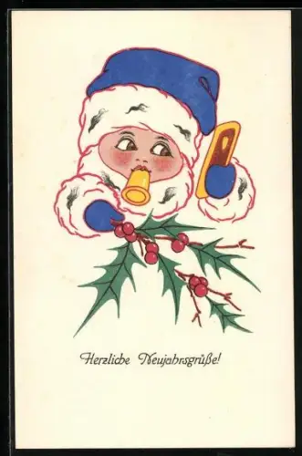 Künstler-AK Kind hält Stechpalmenzweig und Lebkuchen in der Hand, Neujahr