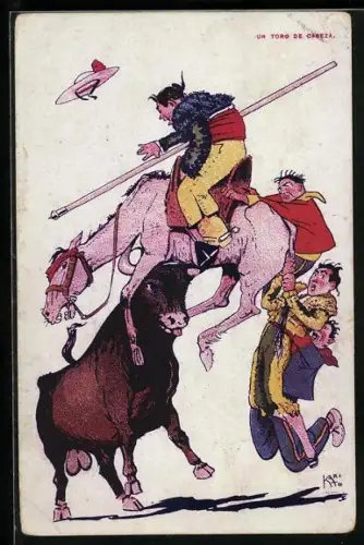 AK Stierkämpfer auf Pferd wird von Stier auf die Hörner genommen