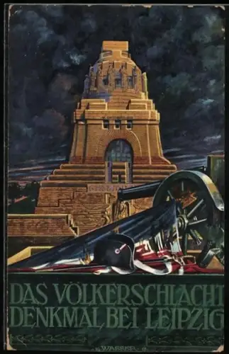 AK Leipzig, Völkerschlachtdenkmal während der Dämmerung