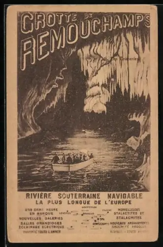 AK Remouchamps, Grotte, Les Draperies, Reklame für Tourismus, Ruderboot