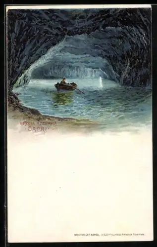 Lithographie Capri, Grotta Azzurra, Ruderboot