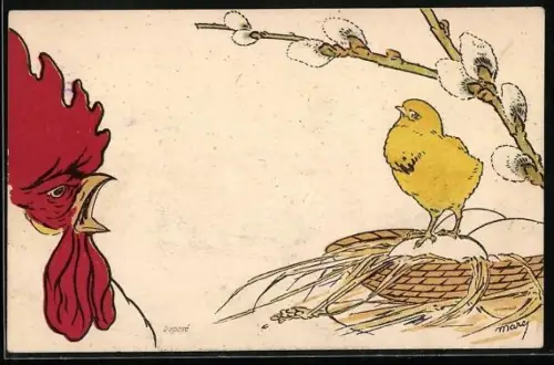 Künstler-AK Brüder Kohn (B.K.W.I) Nr.: 4045-6, Küken in einem Nest, verwunderter Hahn