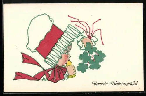AK Mädchen mit Bündel aus Kleeblättern, Neujahr