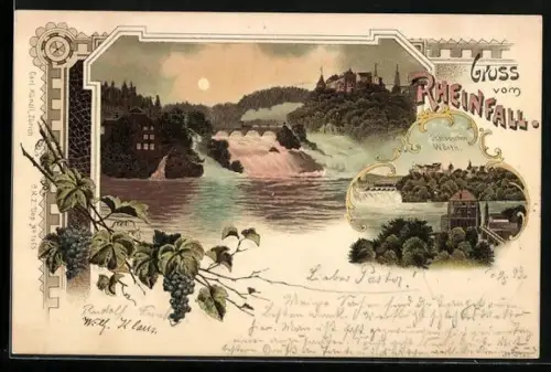 AK Rheinfall mit Eisenbahnbrücke, Schlösschen Wörth