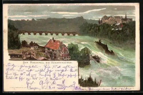 Lithographie Schaffhausen, Rheinfall, Brücke, Schloss