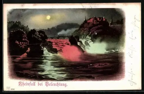 Lithographie Rheinfall, Beleuchteter Wasserfall mit Ruderboot und Dampfeisenbahn