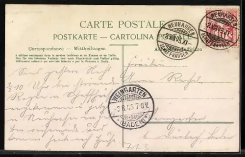 Lithographie Rheinfall, Beleuchteter Wasserfall mit Ruderboot und Dampfeisenbahn