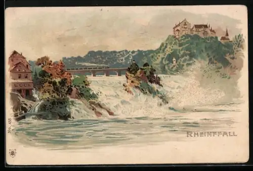 Künstler-AK Rheinfall, Blick auf den Rheinfall mit Schloss Laufen